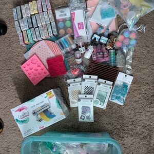 Assorted Craft Supplies Bundle with Turquoise Storage Bin